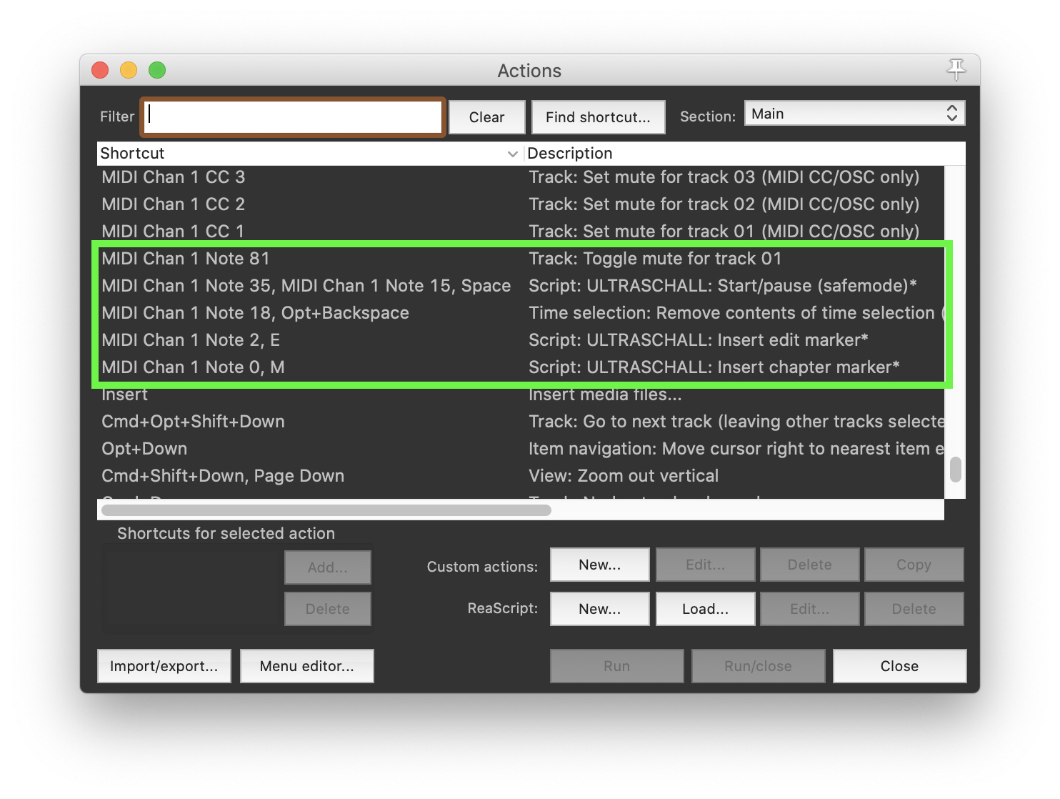 Screenshot des Reaper „Actions“ Dialogs mit Markierung von gefundenen MIDI Note Shortcuts.